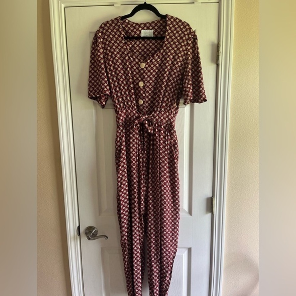 Vintage 90s Designer Cream and Burgundy Red 100% rayon Button Down Romper